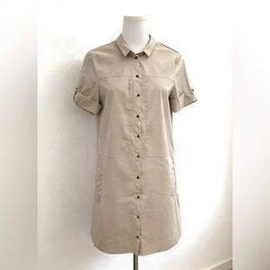 BNWOT Zara Beige Utility Longline Shirt Dress Button Down Tab Roll Sleeves XS